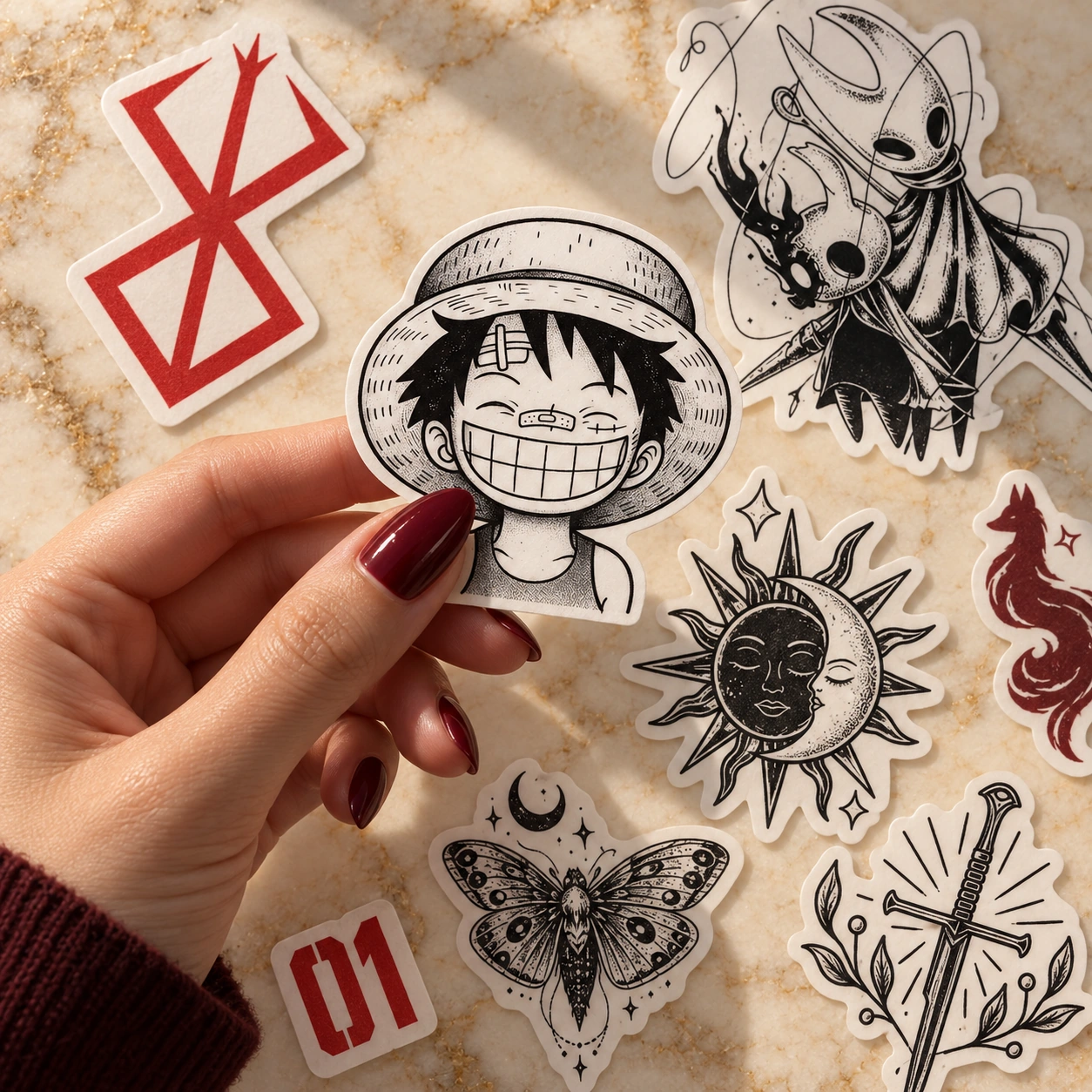 Composição ilustrativa de tattoos temporárias cortadas, com uma mão segurando Luffy